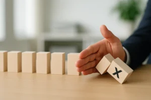 Eine Hand, die sich zwischen Bauklötzen schiebt. 2 Bauklötze fallen zur Seite.