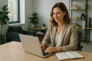Frau sitzt vor einem Laptop in einer Büroumgebung.