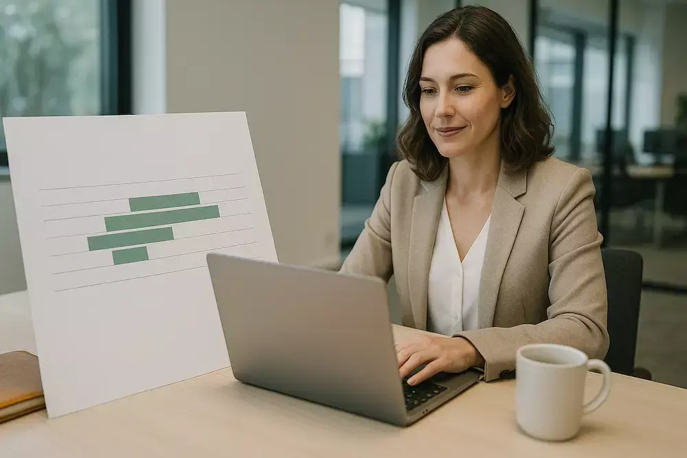 Frau sitzt vor einem Laptop am Schreibtisch