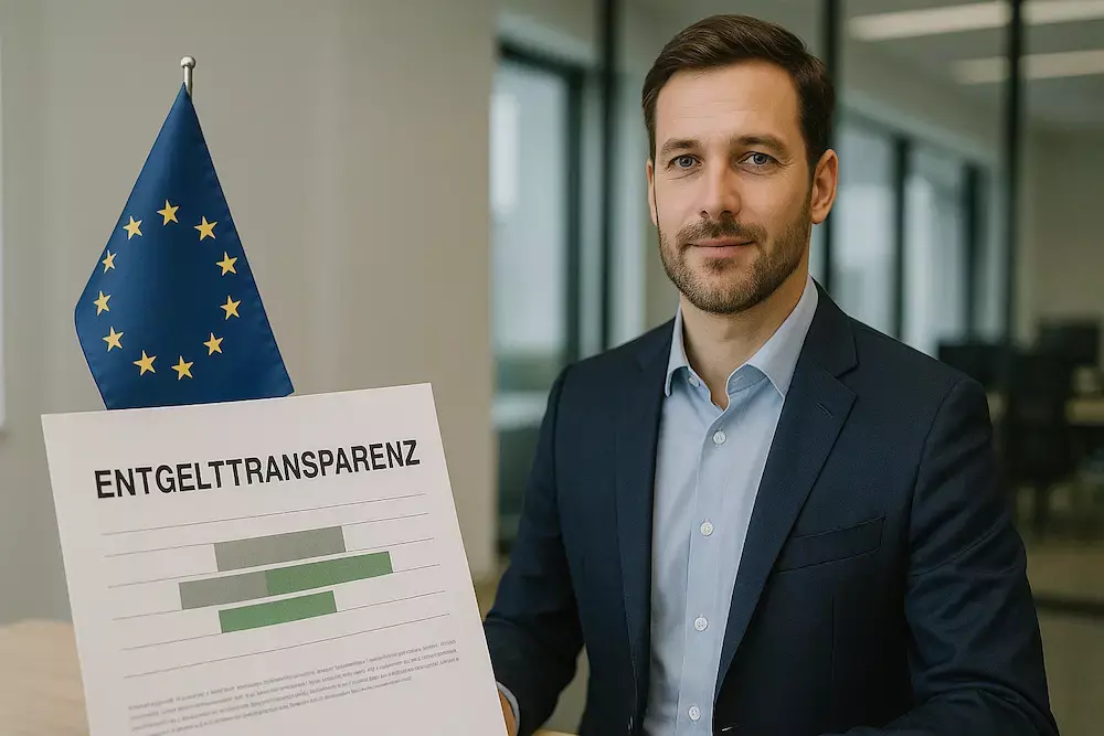 Mann steht neben einer Infografik und einer Europaflagge