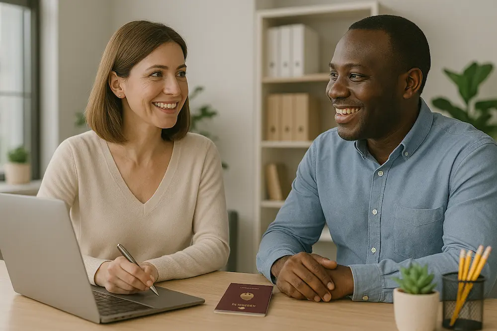 zwei Personen sitzen im Büro an einem Tisch