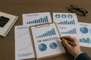 Schreibtisch mit Charts von HR-Kennzahlen