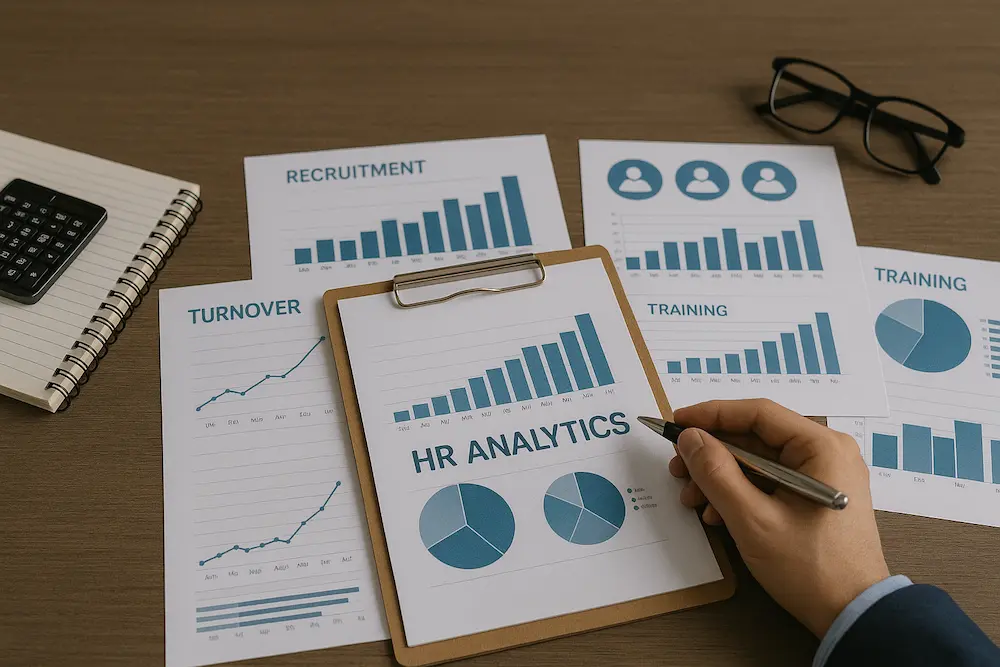 Schreibtisch mit Charts von HR-Kennzahlen